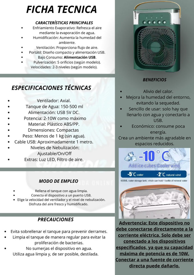 MINI VENTILADOR - HUMIDIFICADOR - AIRE ACONDICIONADO 3EN1